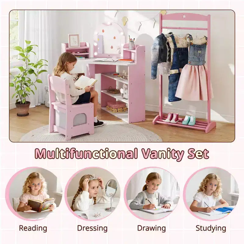Toeletta ad Angolo per Bambini con Luci, 3 Ripiani Contenitori, 5 Scomparti Aperti, Accessori Rosa/Blu + Bianco