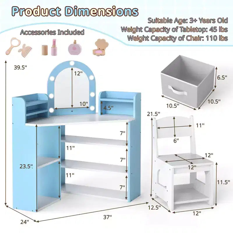 Toeletta ad Angolo per Bambini con Luci, 3 Ripiani Contenitori, 5 Scomparti Aperti, Accessori Rosa/Blu + Bianco