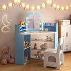 Toeletta ad Angolo per Bambini con Luci, 3 Ripiani Contenitori, 5 Scomparti Aperti, Accessori Rosa/Blu + Bianco