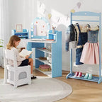 Toeletta ad Angolo per Bambini con Luci, 3 Ripiani Contenitori, 5 Scomparti Aperti, Accessori Rosa/Blu + Bianco