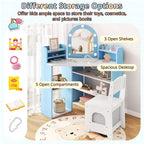 Toeletta ad Angolo per Bambini con Luci, 3 Ripiani Contenitori, 5 Scomparti Aperti, Accessori Rosa/Blu + Bianco