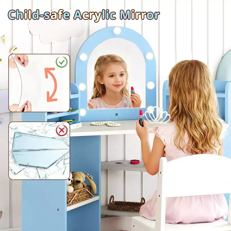 Toeletta ad Angolo per Bambini con Luci, 3 Ripiani Contenitori, 5 Scomparti Aperti, Accessori Rosa/Blu + Bianco