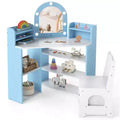 Costway Corner Kids Vanity with Lights, 3 Storage Shelves, 5 Open Compartments, Accessories Pink/Blue + White