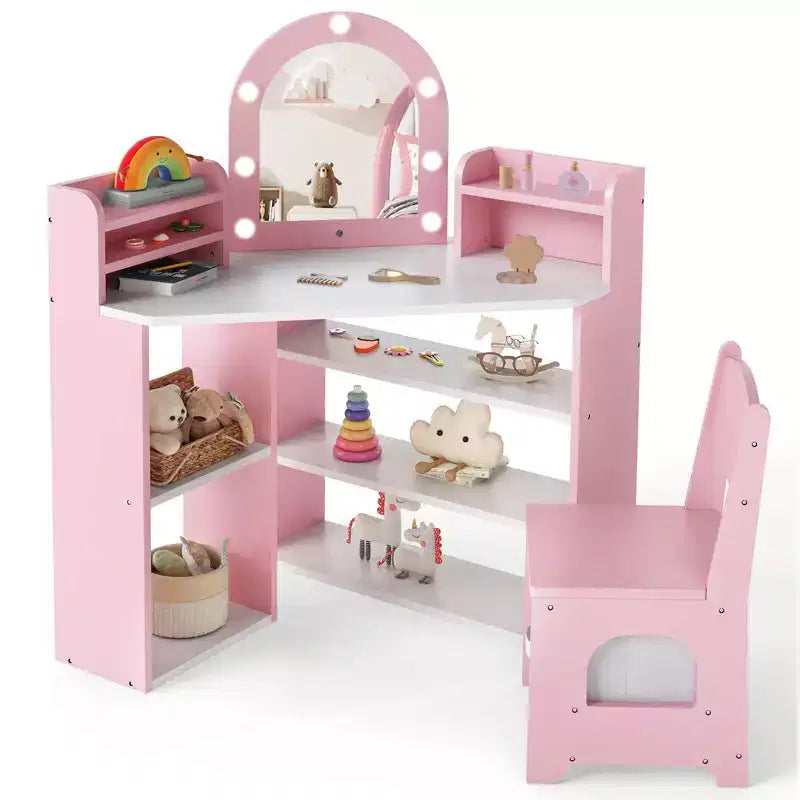 Toeletta ad Angolo per Bambini con Luci, 3 Ripiani Contenitori, 5 Scomparti Aperti, Accessori Rosa/Blu + Bianco
