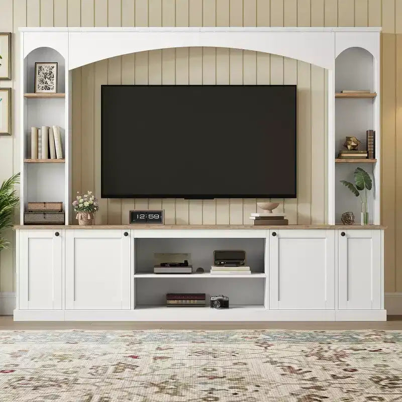 Mobile TV 91 Media Console, Unità a Parete Arcuata per Centro Intrattenimento, Mobile TV Stile Rustico con Libreria, Effetto Legno per TV fino a 70 Pollici