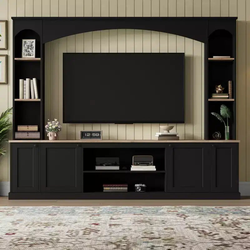 Mobile TV 91 Media Console, Unità a Parete Arcuata per Centro Intrattenimento, Mobile TV Stile Rustico con Libreria, Effetto Legno per TV fino a 70 Pollici