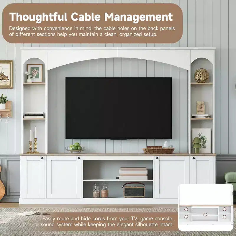 Mobile TV 91 Media Console, Unità a Parete Arcuata per Centro Intrattenimento, Mobile TV Stile Rustico con Libreria, Effetto Legno per TV fino a 70 Pollici