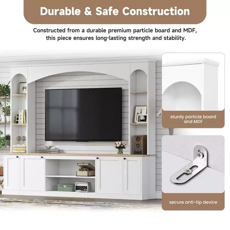 Mobile TV 91 Media Console, Unità a Parete Arcuata per Centro Intrattenimento, Mobile TV Stile Rustico con Libreria, Effetto Legno per TV fino a 70 Pollici
