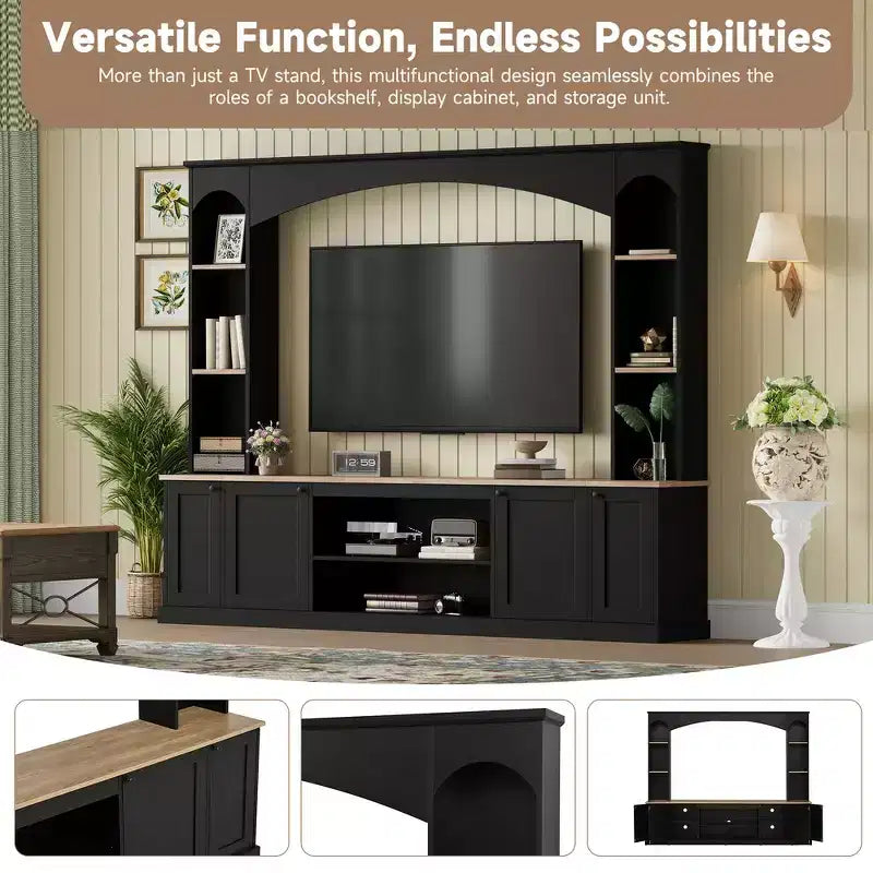 Mobile TV 91 Media Console, Unità a Parete Arcuata per Centro Intrattenimento, Mobile TV Stile Rustico con Libreria, Effetto Legno per TV fino a 70 Pollici