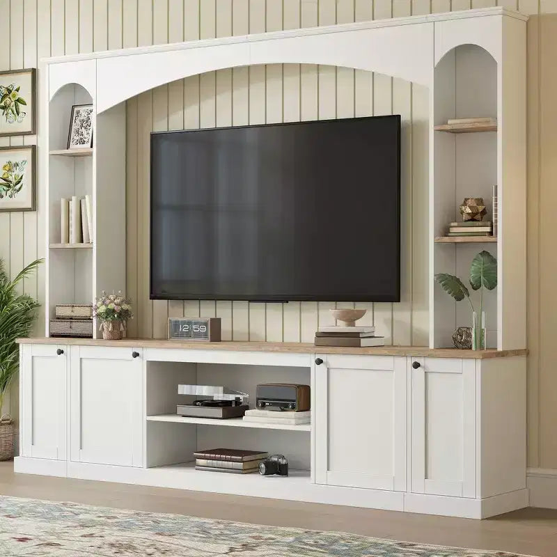 Mobile TV 91 Media Console, Unità a Parete Arcuata per Centro Intrattenimento, Mobile TV Stile Rustico con Libreria, Effetto Legno per TV fino a 70 Pollici