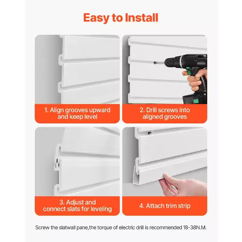 Pannelli a doghe Slatwall, 2,4 x 1,2 m, Slatwall in PVC per garage con accessori, Pannello Slatwall bianco facile da installare e regolabile, Bianco