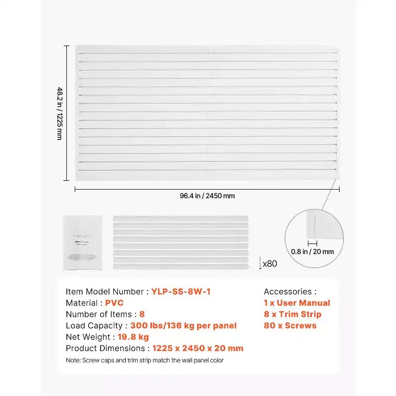 Pannelli a doghe Slatwall, 2,4 x 1,2 m, Slatwall in PVC per garage con accessori, Pannello Slatwall bianco facile da installare e regolabile, Bianco