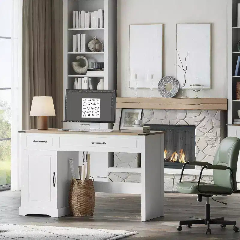 Scrivania direzionale da 47" con cassetti e mobile contenitore - Workstation rustica per ufficio/studio/camera da letto, bianco antico