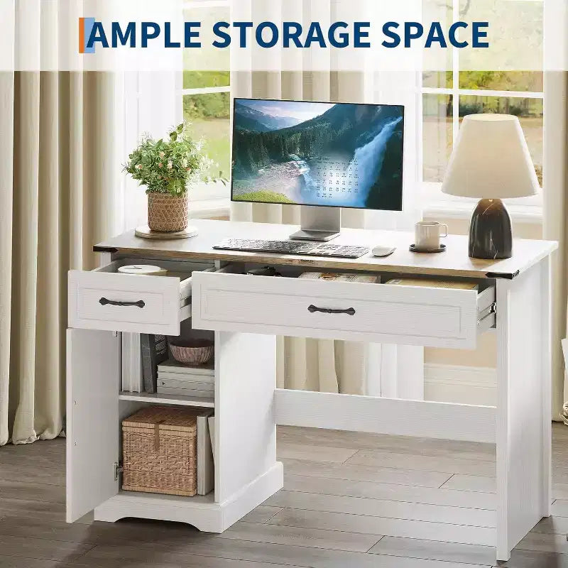Scrivania direzionale da 47" con cassetti e mobile contenitore - Workstation rustica per ufficio/studio/camera da letto, bianco antico