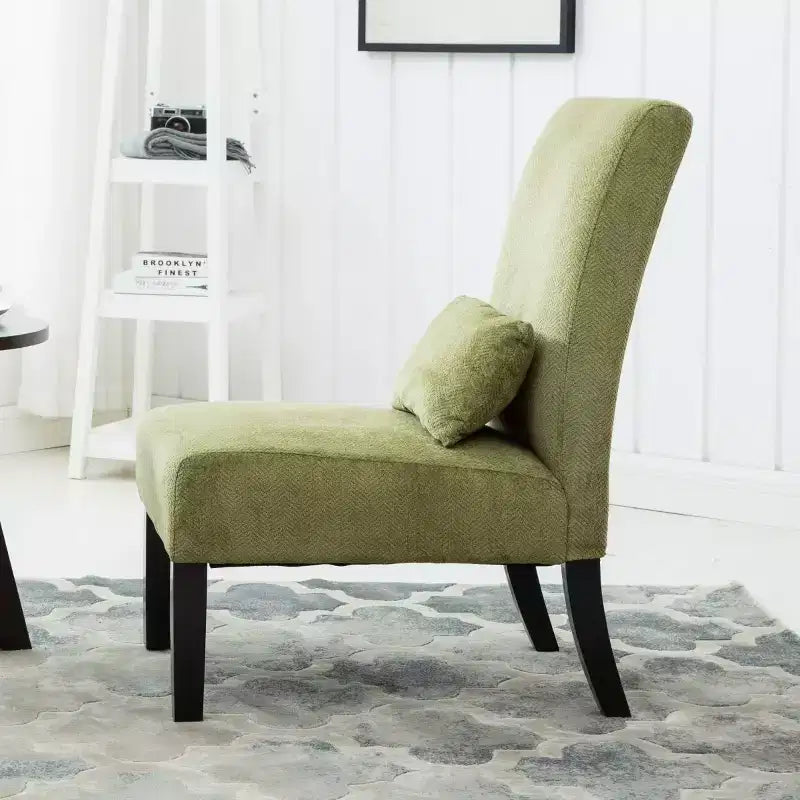 Poltrona moderna in tessuto ciniglia senza braccioli con cuscino, gambe in legno massello, sedia profonda per soggiorno, camera da letto o ufficio