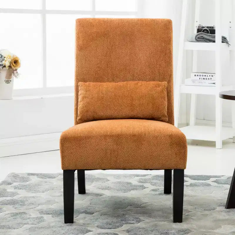 Poltrona moderna in tessuto ciniglia senza braccioli con cuscino, gambe in legno massello, sedia profonda per soggiorno, camera da letto o ufficio