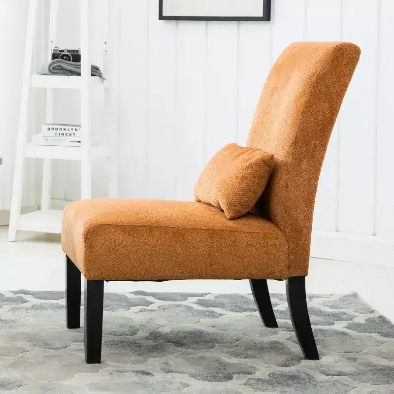 Poltrona moderna in tessuto ciniglia senza braccioli con cuscino, gambe in legno massello, sedia profonda per soggiorno, camera da letto o ufficio