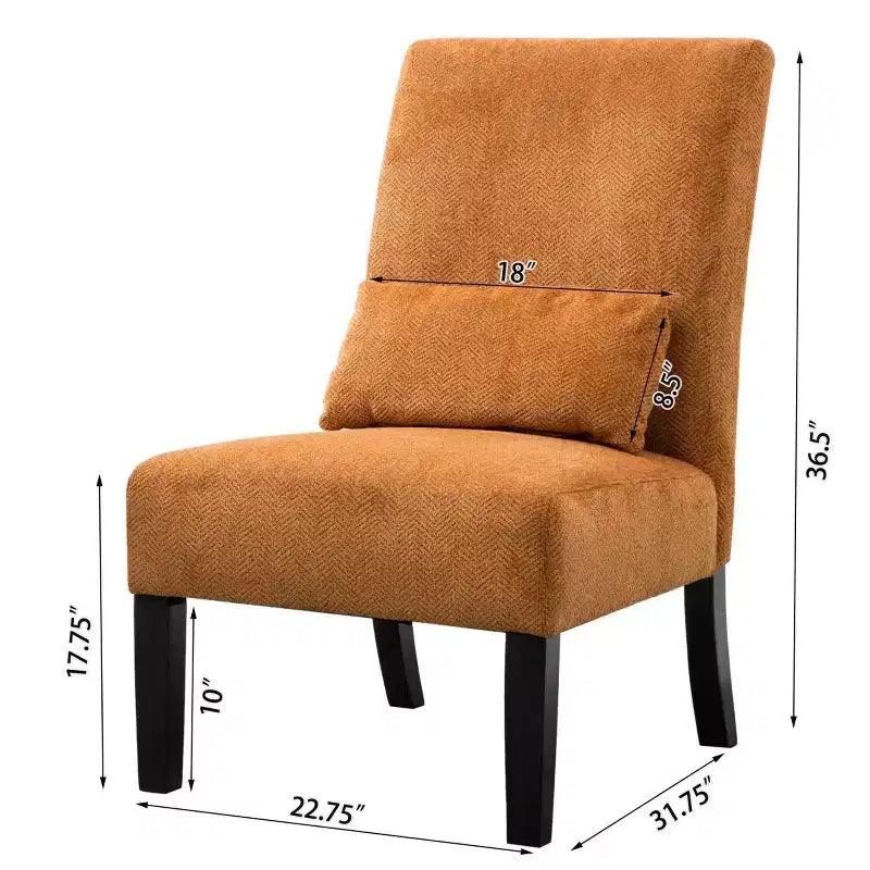 Poltrona moderna in tessuto ciniglia senza braccioli con cuscino, gambe in legno massello, sedia profonda per soggiorno, camera da letto o ufficio