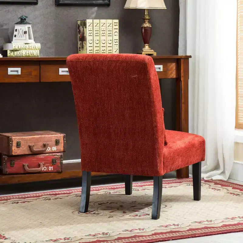 Poltrona moderna in tessuto ciniglia senza braccioli con cuscino, gambe in legno massello, sedia profonda per soggiorno, camera da letto o ufficio