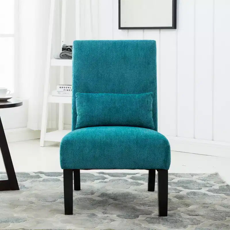 Poltrona moderna in tessuto ciniglia senza braccioli con cuscino, gambe in legno massello, sedia profonda per soggiorno, camera da letto o ufficio