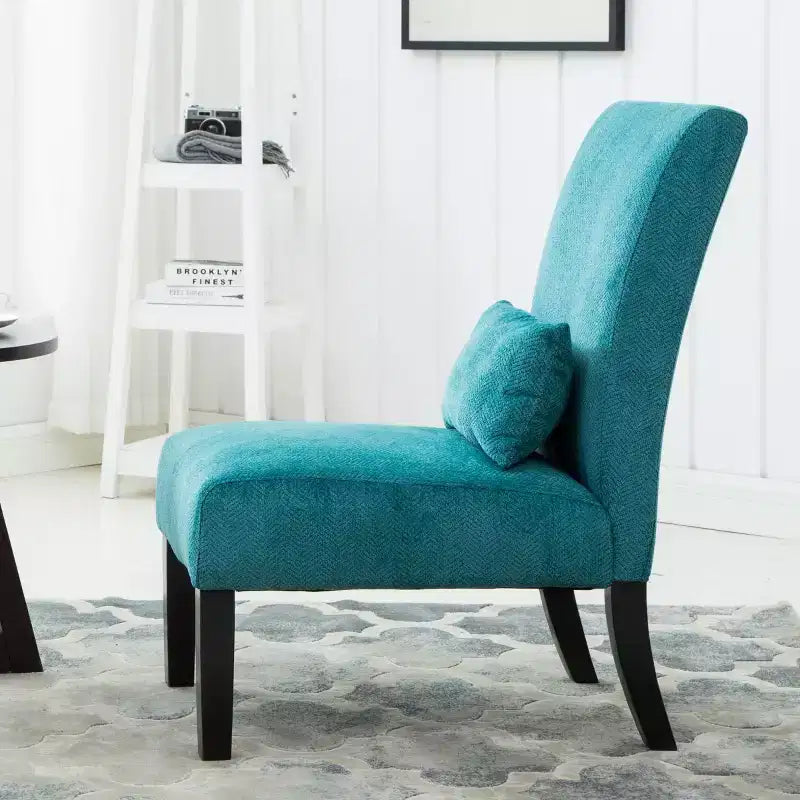 Poltrona moderna in tessuto ciniglia senza braccioli con cuscino, gambe in legno massello, sedia profonda per soggiorno, camera da letto o ufficio