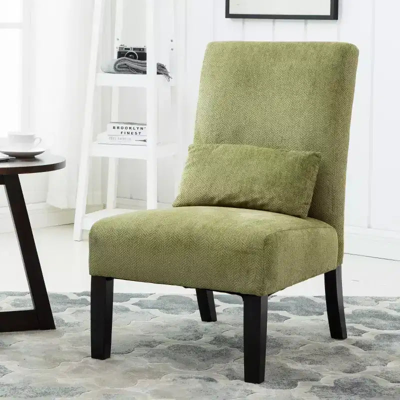 Poltrona moderna in tessuto ciniglia senza braccioli con cuscino, gambe in legno massello, sedia profonda per soggiorno, camera da letto o ufficio
