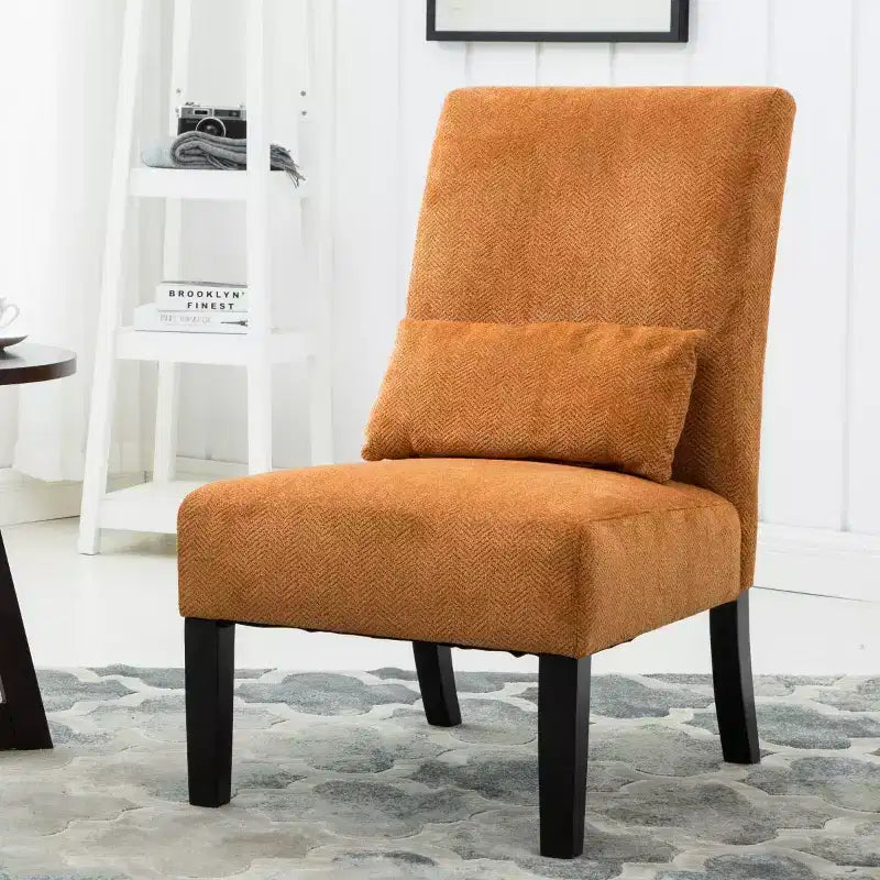 Poltrona moderna in tessuto ciniglia senza braccioli con cuscino, gambe in legno massello, sedia profonda per soggiorno, camera da letto o ufficio