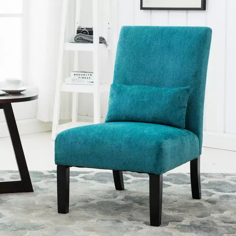 Poltrona moderna in tessuto ciniglia senza braccioli con cuscino, gambe in legno massello, sedia profonda per soggiorno, camera da letto o ufficio