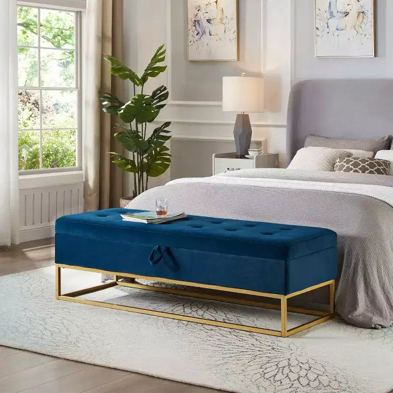 58.6 Panca contenitore, Panca imbottita con base in metallo per camera da letto, soggiorno, corridoio, blu