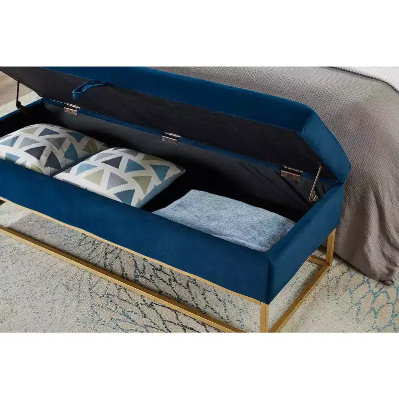 58.6 Panca contenitore, Panca imbottita con base in metallo per camera da letto, soggiorno, corridoio, blu
