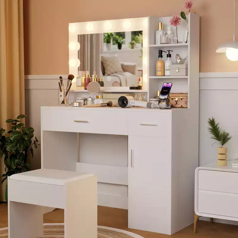 Toeletta con luce LED a 3 colori, specchio, cassetti di diverse dimensioni e sgabello, toeletta in stile moderno, per camera da letto, bianca