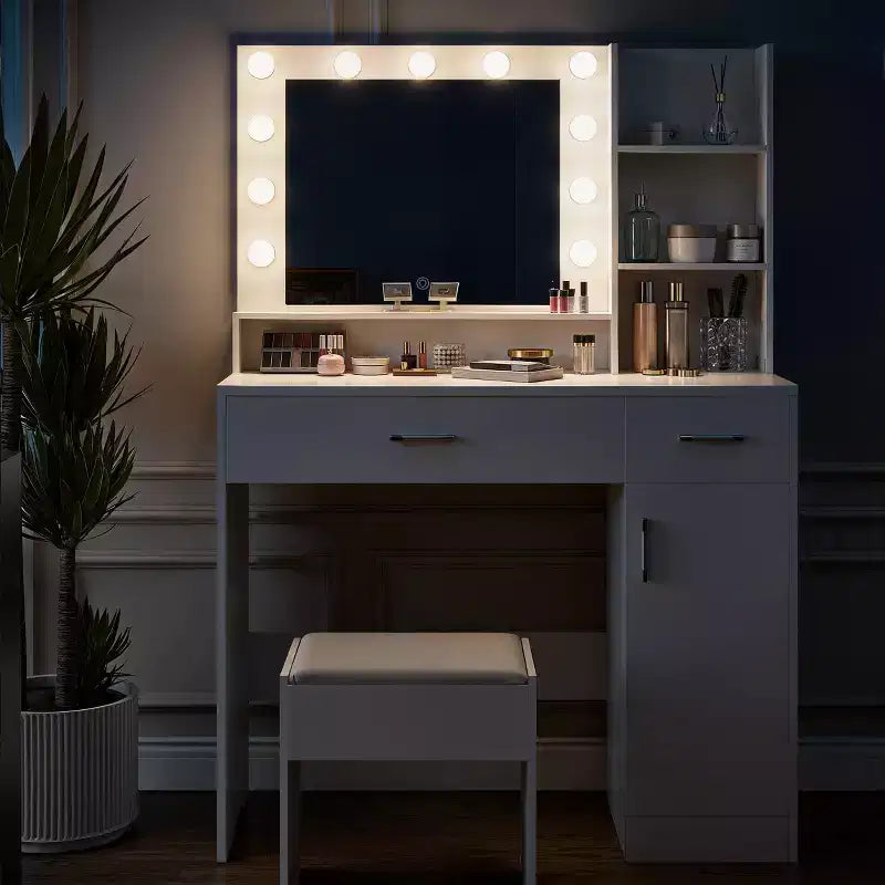Toeletta con luce LED a 3 colori, specchio, cassetti di diverse dimensioni e sgabello, toeletta in stile moderno, per camera da letto, bianca