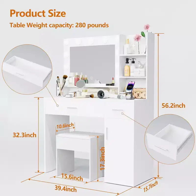 Toeletta con luce LED a 3 colori, specchio, cassetti di diverse dimensioni e sgabello, toeletta in stile moderno, per camera da letto, bianca