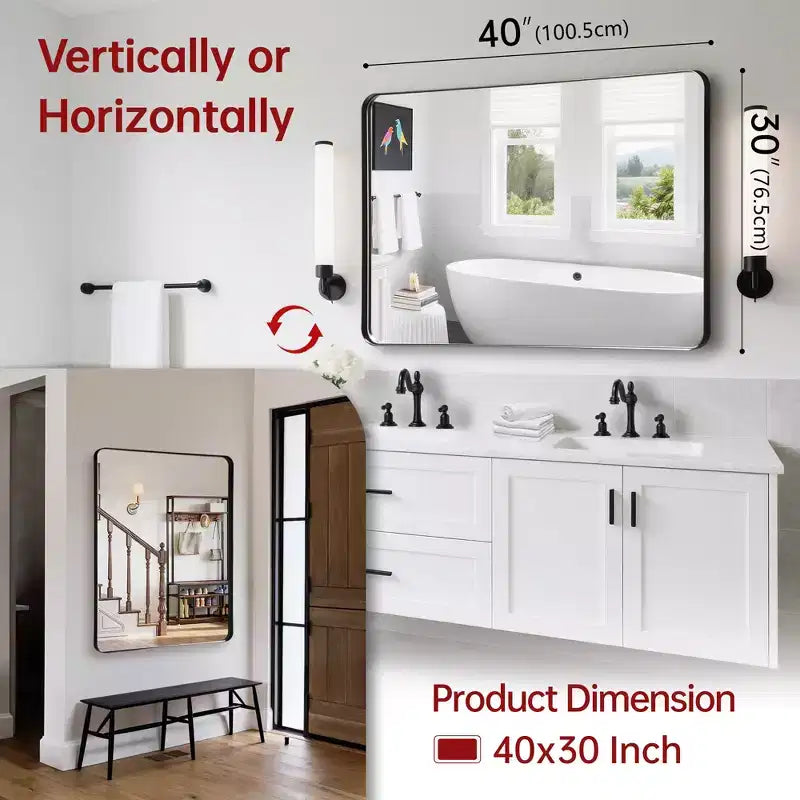 Specchio da Bagno, Specchio da Parete con Cornice Nera 40x30, Vetro Temperato per Ingresso, Soggiorno