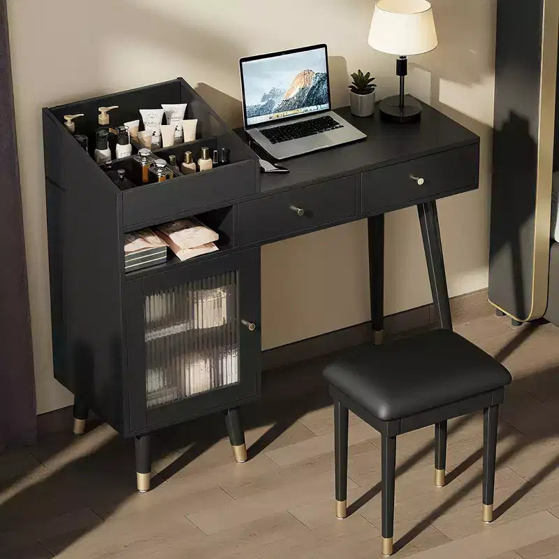 Scrivania moderna per trucco con sgabello imbottito, tavolo da toeletta con cassetti, mobiletto e porta di ricarica, tavolo da trucco per piccoli spazi, nero
