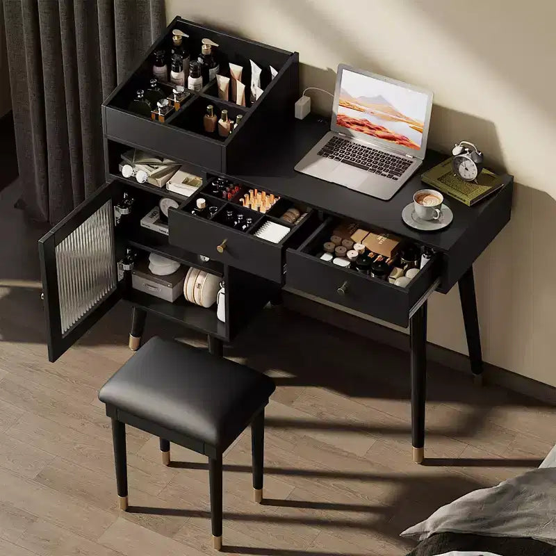 Scrivania moderna per trucco con sgabello imbottito, tavolo da toeletta con cassetti, mobiletto e porta di ricarica, tavolo da trucco per piccoli spazi, nero