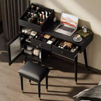 Scrivania moderna per trucco con sgabello imbottito, tavolo da toeletta con cassetti, mobiletto e porta di ricarica, tavolo da trucco per piccoli spazi, nero