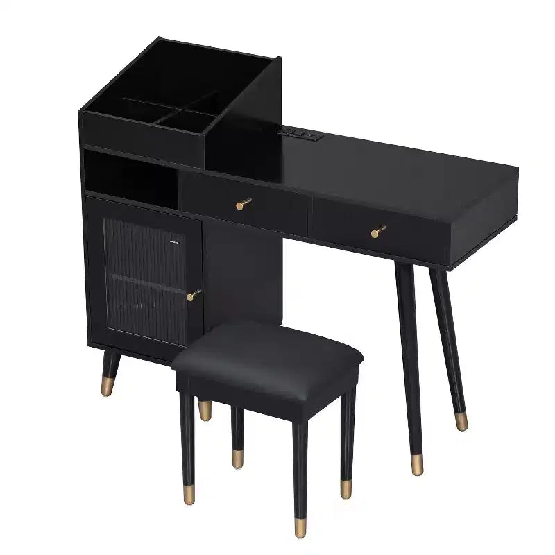 Scrivania moderna per trucco con sgabello imbottito, tavolo da toeletta con cassetti, mobiletto e porta di ricarica, tavolo da trucco per piccoli spazi, nero