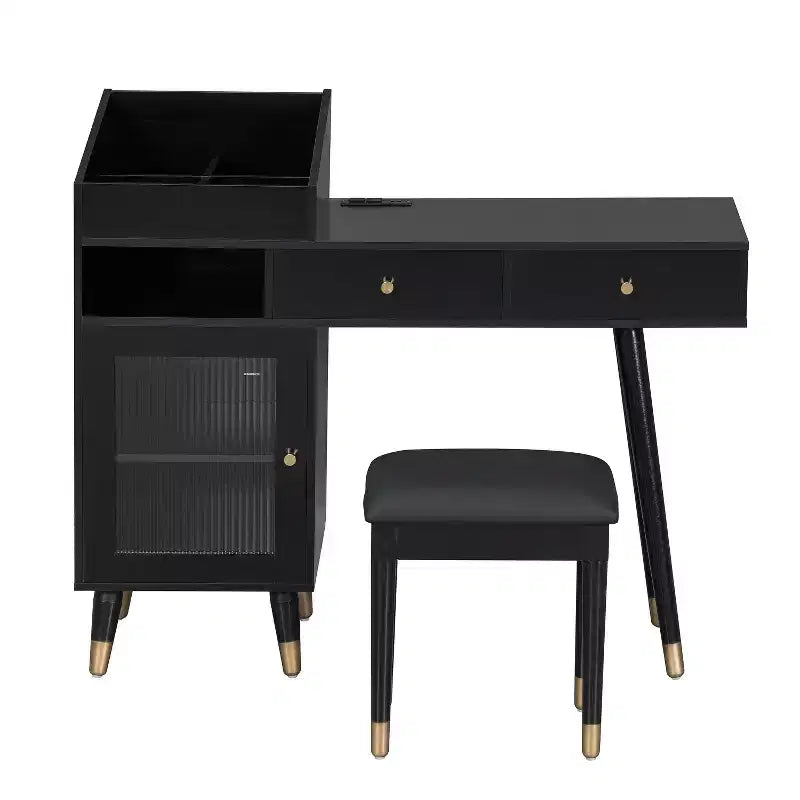 Scrivania moderna per trucco con sgabello imbottito, tavolo da toeletta con cassetti, mobiletto e porta di ricarica, tavolo da trucco per piccoli spazi, nero