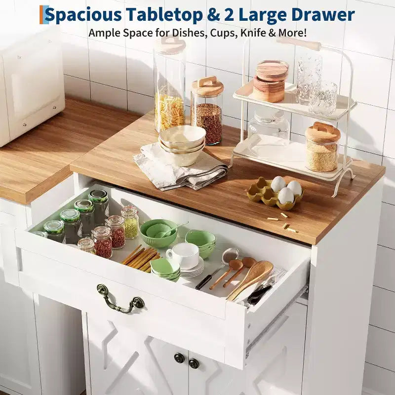 Credenza rustica - Mobile dispensa per cucina con 2 ante, cassetto e ripiano regolabile, credenza bianca per cucina, soggiorno