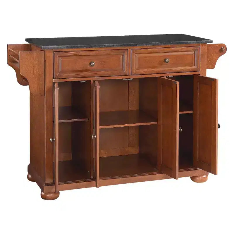 Isola da cucina Alexandria in Granito Nero – Legno e Ciliegio: Struttura in legno massello, Portasciugamani, 6 Ripiani, 2 Cassetti