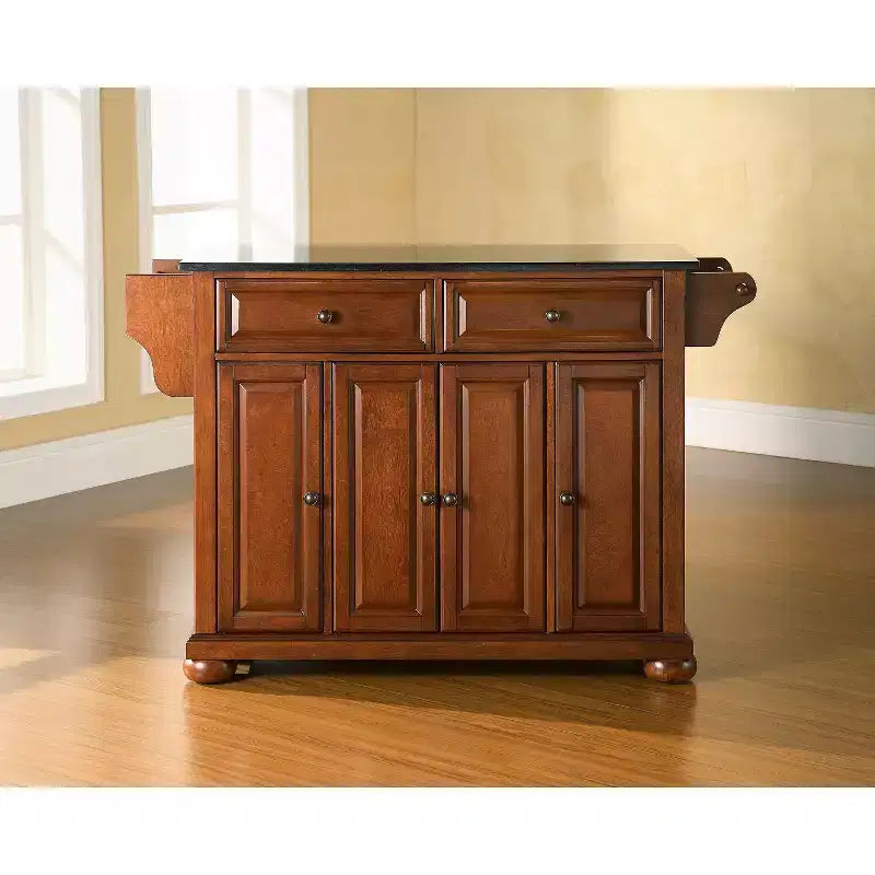 Isola da cucina Alexandria in Granito Nero – Legno e Ciliegio: Struttura in legno massello, Portasciugamani, 6 Ripiani, 2 Cassetti