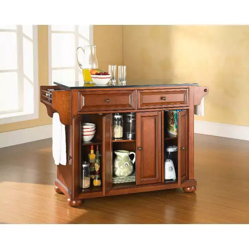 Isola da cucina Alexandria in Granito Nero – Legno e Ciliegio: Struttura in legno massello, Portasciugamani, 6 Ripiani, 2 Cassetti