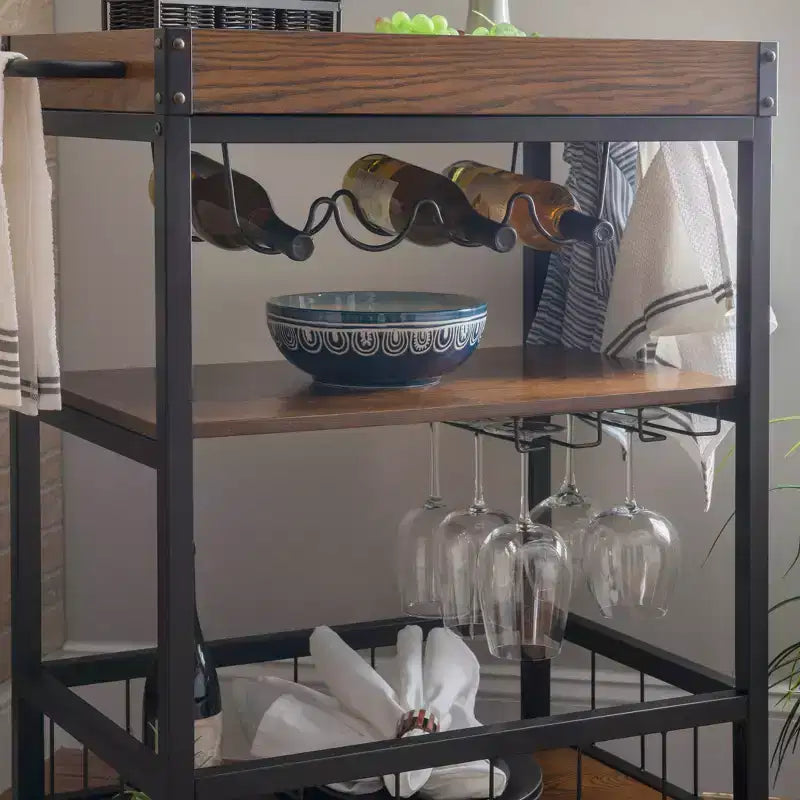 Carrello da Cucina Austin Industriale in Metallo/Legno 3 Ripiani Portabottiglie e Portabicchieri Contenitore su Ruote