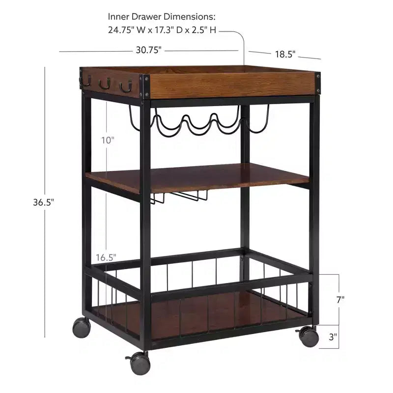 Carrello da Cucina Austin Industriale in Metallo/Legno 3 Ripiani Portabottiglie e Portabicchieri Contenitore su Ruote