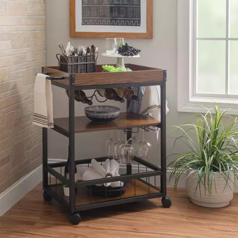 Carrello da Cucina Austin Industriale in Metallo/Legno 3 Ripiani Portabottiglie e Portabicchieri Contenitore su Ruote
