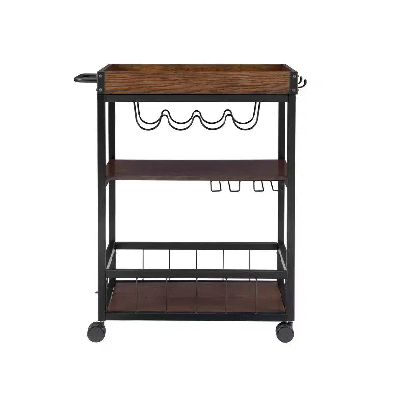 Carrello da Cucina Austin Industriale in Metallo/Legno 3 Ripiani Portabottiglie e Portabicchieri Contenitore su Ruote