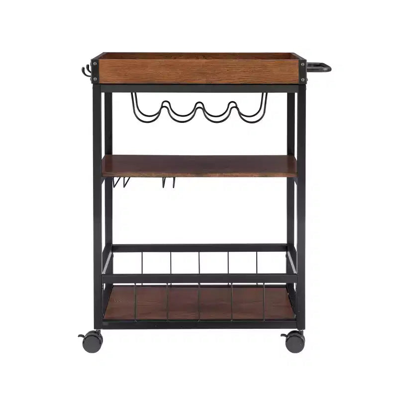 Carrello da Cucina Austin Industriale in Metallo/Legno 3 Ripiani Portabottiglie e Portabicchieri Contenitore su Ruote