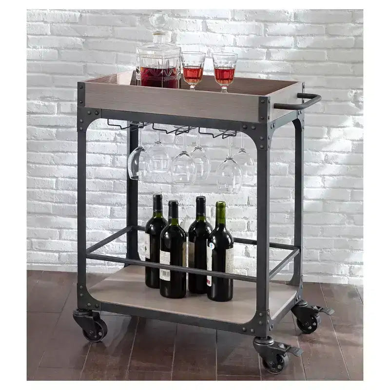 Franklin Bar Cart and Wine Rack Weathered Gray: Carrello bar in stile vintage con ruote bloccabili