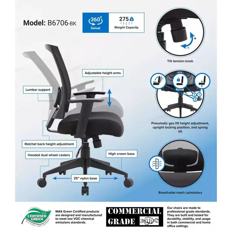 Sedia da Lavoro con Schienale in Rete Nera: Ergonomica, Braccioli Regolabili, Girevole, Gambe in Nylon